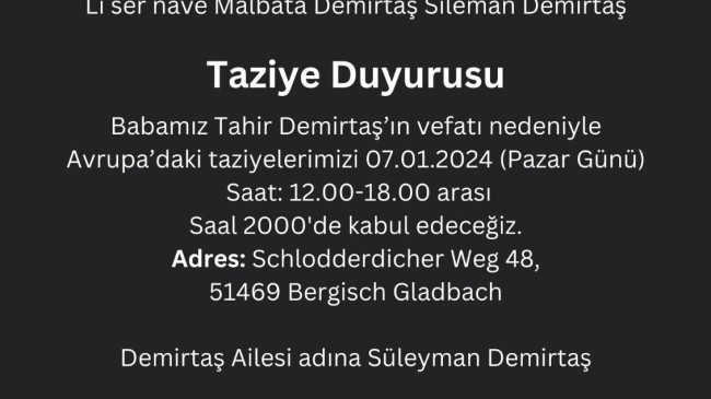 Tahir Demirtaş için Köln’de de taziye kurulacak