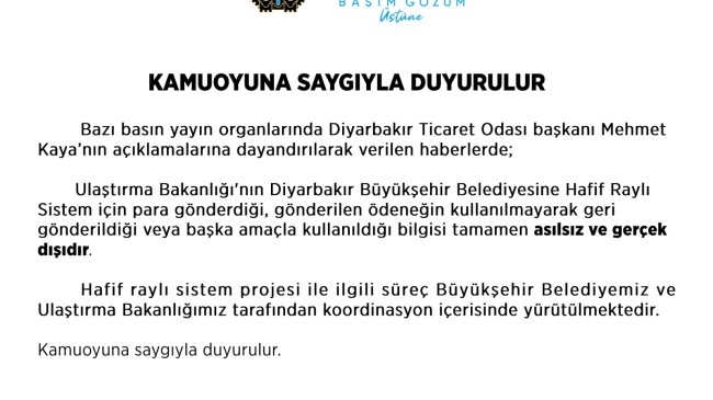 Diyarbakır Büyükşehir Belediyesi raylı sistem açıklaması